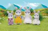 Four toy bunnies in colorful outfits standing on grass with a scenic background