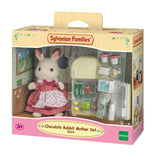 Sylvanian Families Chocolate Rabbit Mother Set packaging with rabbit figure and kitchen items.