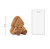 Plush gingerbread tree toy with a white card and dimensions on a white background