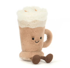 Plush toy shaped like a beer mug with a smiling face on a white background