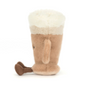 Plush toy resembling a beer mug with a white top and brown body on a white background