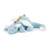 Blue plush triceratops toy with colorful horn tips on a white background
