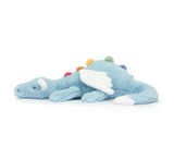 Blue plush dragon toy with colorful accents on a white background