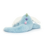 Blue plush toy with a pink nose and green horn on a white background