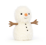 Plush snowman toy with a white body, black buttons, an orange carrot nose, and brown arms on a white background.