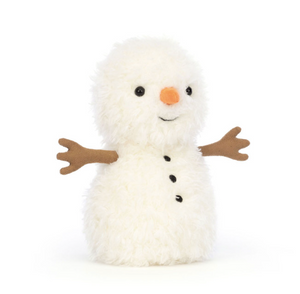 Plush snowman toy with a white body, black buttons, an orange carrot nose, and brown arms on a white background.