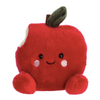 Plush toy shaped like a red apple with a smiling face on a white background