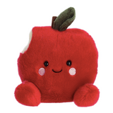 Plush toy shaped like a red apple with a smiling face on a white background