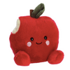 Plush toy shaped like a red apple with a smiling face on a white background