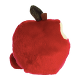 Red plush apple toy with a brown stem on a white background