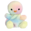 Pastel-colored plush duck toy on a white background