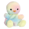 Pastel-colored plush duck toy on a white background