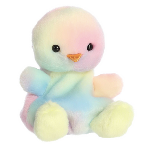 Pastel-colored plush duck toy on a white background