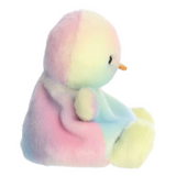 Pastel-colored plush duck toy on a white background