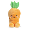 Plush carrot toy with a smiling face on a white background
