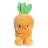Plush carrot toy with a smiling face on a white background
