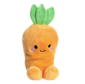 Plush carrot toy with a smiling face on a white background
