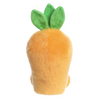 Plush toy shaped like a carrot with green leaves on a white background