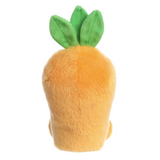 Plush toy shaped like a carrot with green leaves on a white background
