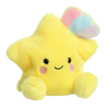 Yellow plush star toy with a rainbow on a white background