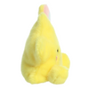 Yellow plush toy with a pink beak on a white background