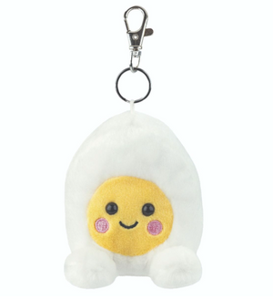 Plush keychain shaped like a cartoon egg with a face on a white background