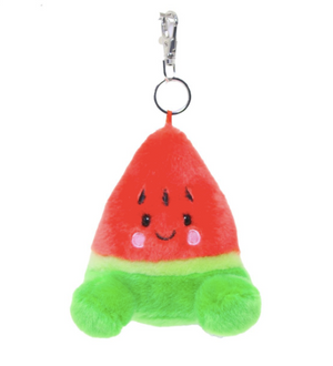 Plush watermelon keychain with a smiling face on a white background