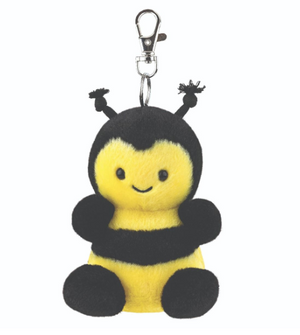 Plush bee keychain with a black and yellow color scheme on a white background