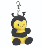 Plush bee keychain with a black and yellow color scheme on a white background