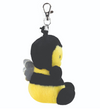 Plush bee keychain with a black body and yellow legs on a white background