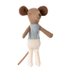 Stuffed toy mouse in a blue outfit on a white background