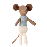 Stuffed toy mouse in a blue outfit on a white background