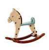 Wooden rocking horse with brown body and green reins on a white background