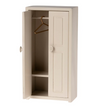 Beige wardrobe with open door showing a gold hanger on a white background