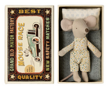 Small stuffed mouse toy in a matchbox with a vintage-style matchbox design.