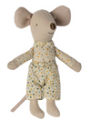 Stuffed mouse toy wearing a patterned outfit on a white background