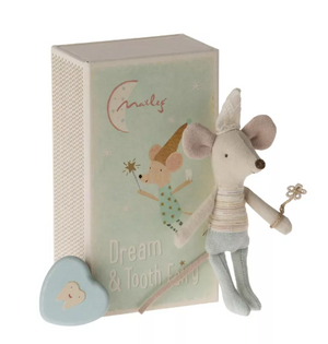 Stuffed mouse toy with a heart-shaped object and a decorative box on a white background