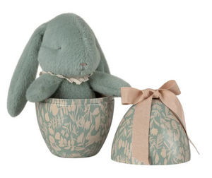 Green plush bunny in a floral-patterned box with a matching bag on a white background