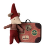 Stuffed toy mouse in a red outfit with a suitcase on a white background