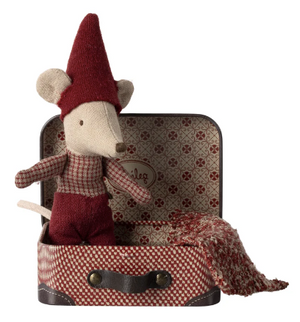 Stuffed mouse toy with a red hat and checkered outfit sitting inside a patterned suitcase on a white background