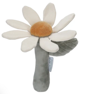 Flower-shaped plush toy with a gray stem on a white background