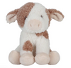 Plush toy dog with brown and white fur on a white background