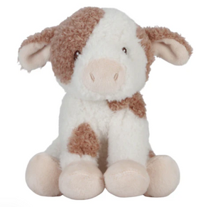 Plush toy dog with brown and white fur on a white background
