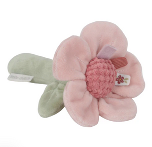 Pink plush flower toy with a green stem on a white background