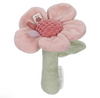 Pink flower-shaped rattle with a green handle on a white background