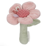 Pink flower-shaped rattle with a green handle on a white background