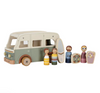 Toy van with a family of peg dolls on a white background