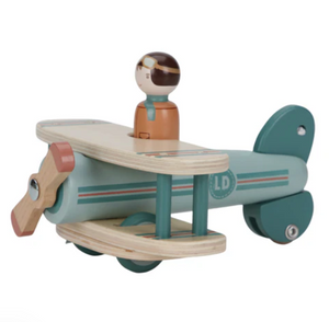 Wooden toy airplane with a pilot figure on a white background