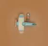 Small airplane model and toy figure on a brown background