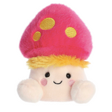 Plush toy with a pink mushroom hat and smiling face on a white background